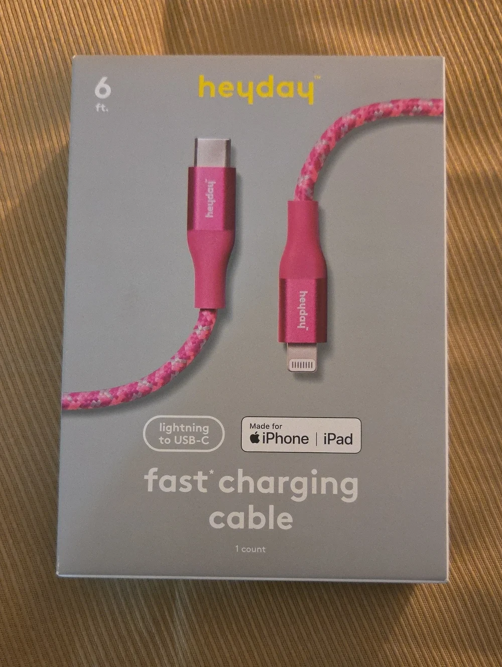 heyday Pink Braided Lightning to USB-C Fast Charging Cable - 6 ft